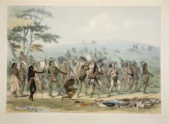 Tiro con Arco de los Mandan, de la Cartera de Indios Norteamericanos de Catlin. Escenas de Caza y Diversiones de las Montañas Rocosas y Praderas de América, pub. 1845